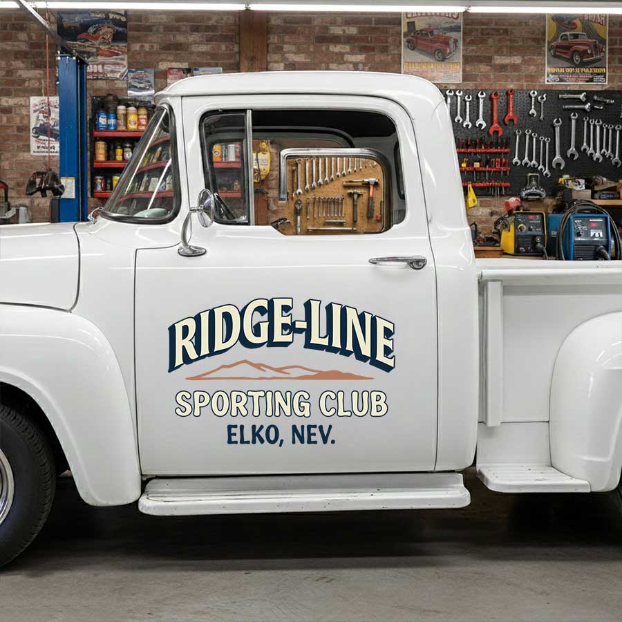 Personalized Mountain Silhouette and Bold Text Decal for Truck Door with Vintage Automotive Design sticker 14472