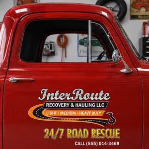 Personalized Tow Hook and Road Rescue Text Decal for Truck Door with Vintage Automotive Design sticker 14475
