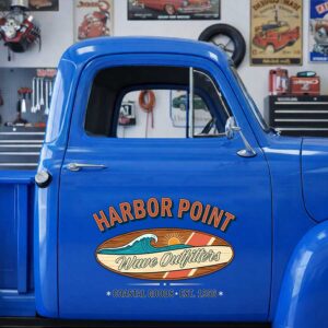 Personalized Wave and Sun Decal for Truck Door with Vintage Automotive Design sticker 14476