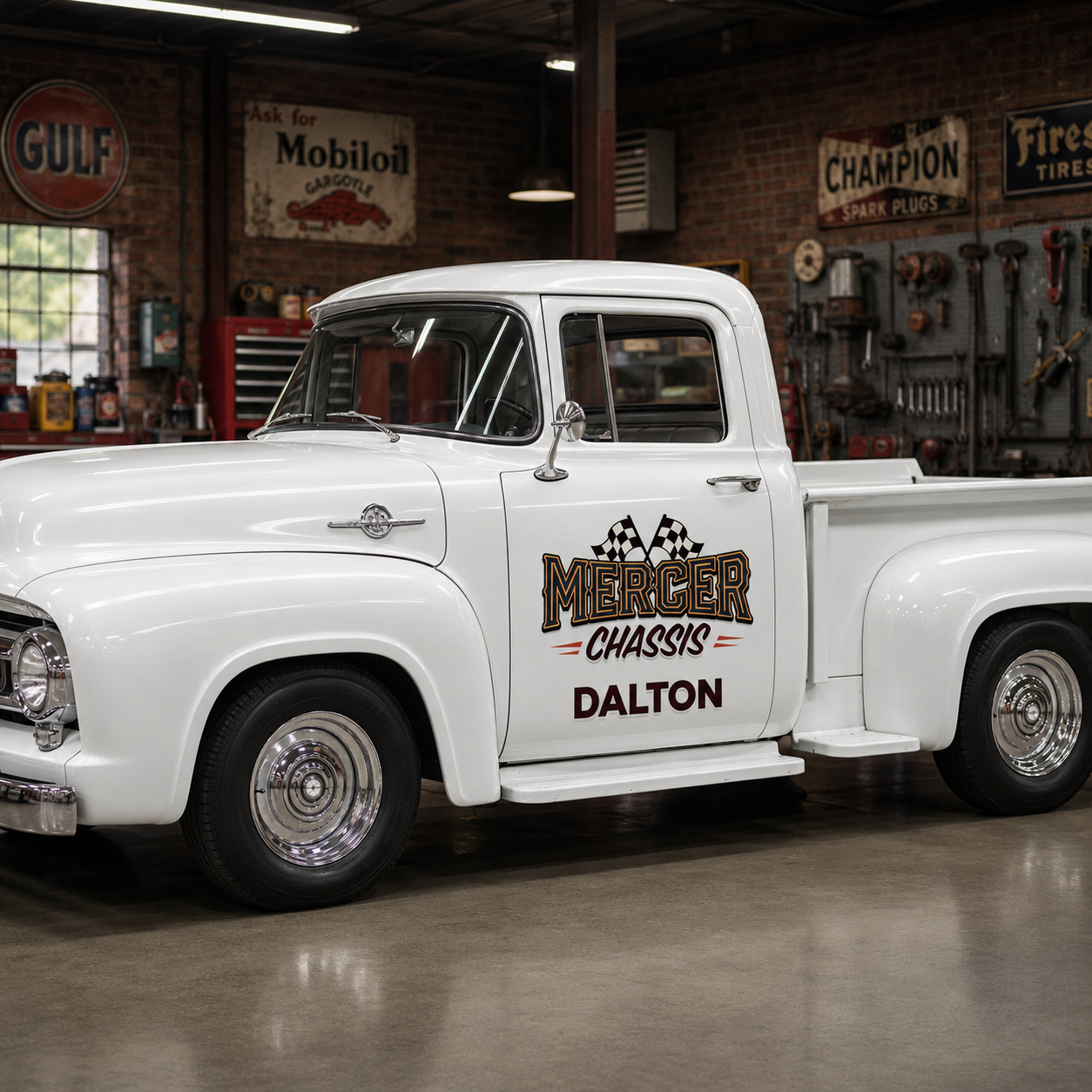 Personalized Checkered Flag and Bold Lettering Decal for Truck Door with Vintage Automotive Design sticker 14479 - Image 2