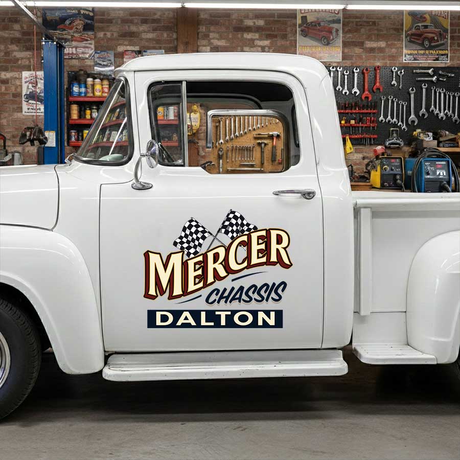 Personalized Checkered Flag and Bold Text Decal for Truck Door with Vintage Automotive Design sticker 14480