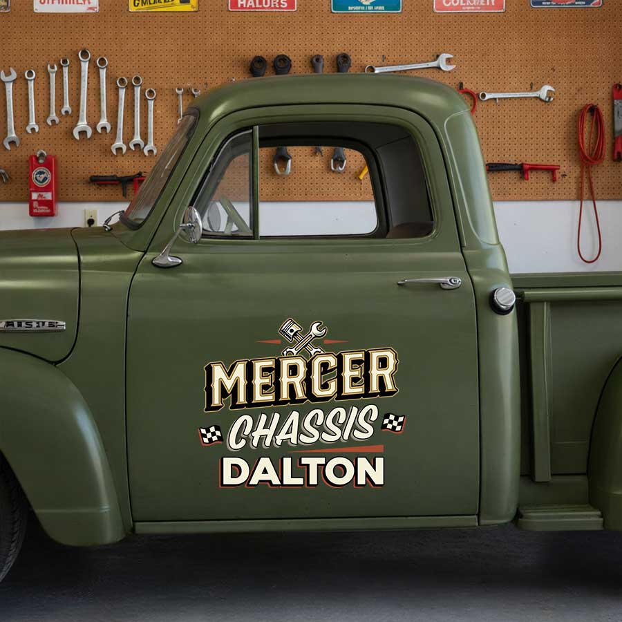 Personalized Piston and Wrench Decal for Truck Door with Vintage Automotive Design sticker 14481