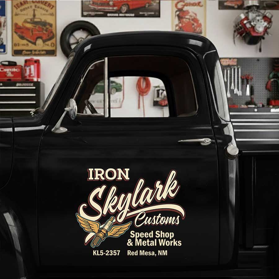 Personalized Wrench and Wings Decal for Truck Door with Vintage Automotive Design sticker 14484