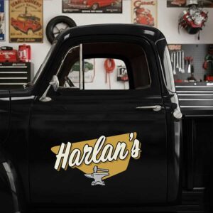 Personalized Anvil and Bold Lettering Decal for Truck Door with Vintage Automotive Design sticker 14489