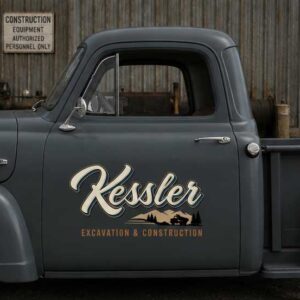 Personalized Mountains and Excavator Decal for Truck Door with Vintage Automotive Design sticker 14491