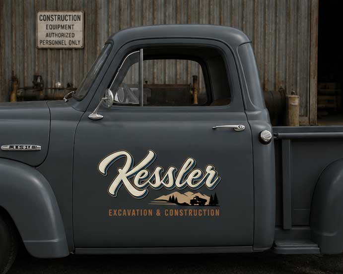 Personalized Mountains and Excavator Decal for Truck Door with Vintage Automotive Design sticker 14491