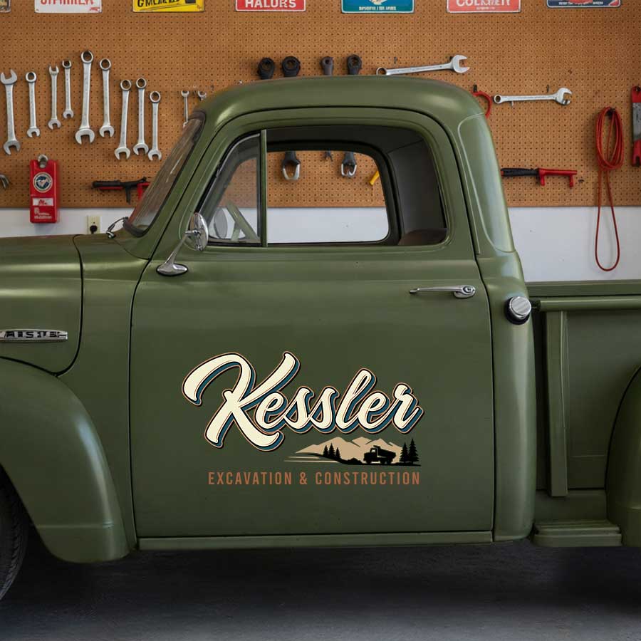 Personalized Mountains and Excavator Decal for Truck Door with Vintage Automotive Design sticker 14491 - Image 3