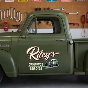 Personalized Hot Rod Car and Custom Lettering Decal for Truck Door with Vintage Automotive Design sticker 14501