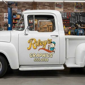 Personalized Cartoon Mechanic and Paintbrush Decal for Truck Door with Vintage Automotive Design sticker 14502