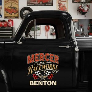 Personalized Checkered Flag and Racing Text Decal for Truck Door with Vintage Automotive Design sticker 14505