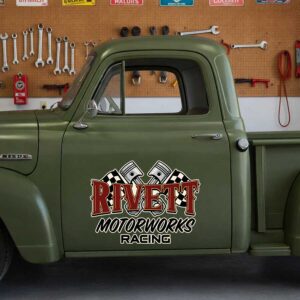 Personalized Pistons and Checkered Flags Decal for Truck Door with Vintage Automotive Design sticker 14506