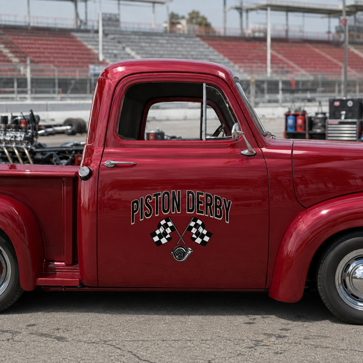 Personalized Piston and Checkered Flags Decal for Truck Door with Vintage Automotive Design sticker 14507 - Image 2