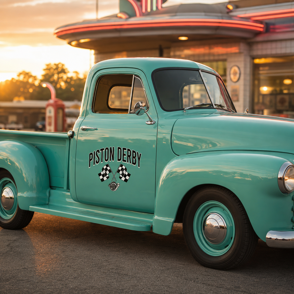 Personalized Piston and Checkered Flags Decal for Truck Door with Vintage Automotive Design sticker 14507 - Image 3