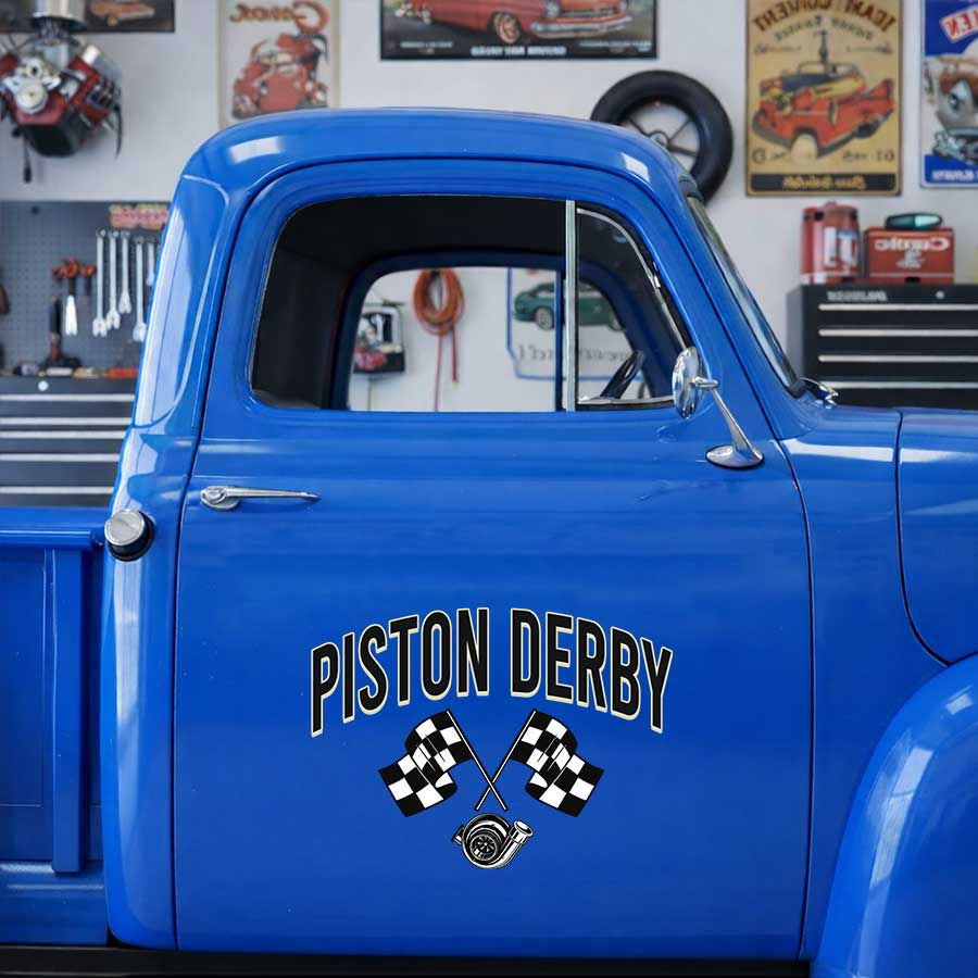 Personalized Piston and Checkered Flags Decal for Truck Door with Vintage Automotive Design sticker 14507