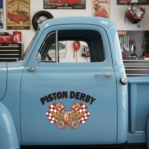 Personalized Crossed Pistons and Winged Wheel Decal for Truck Door with Vintage Automotive Design sticker 14508