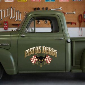 Personalized Skull and Checkered Flags Decal for Truck Door with Vintage Automotive Design sticker 14509
