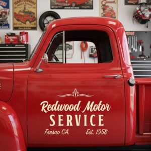 Personalized Vintage Text and Decorative Flourish Decal for Truck Door with Vintage Automotive Design sticker 14510