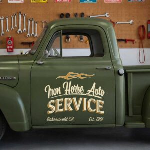 Personalized Flames and Vintage Text Decal for Truck Door with Vintage Automotive Design sticker 14511