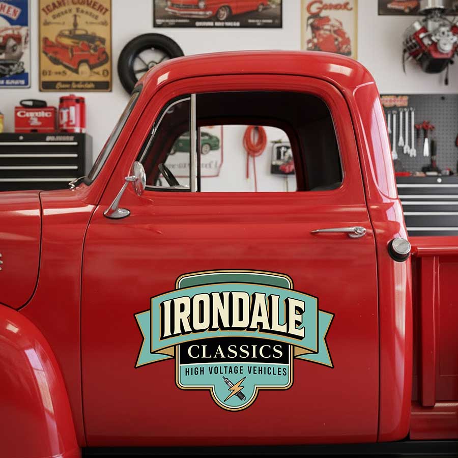 Personalized Lightning Bolt and Banner Decal for Truck Door with Vintage Automotive Design sticker 14513
