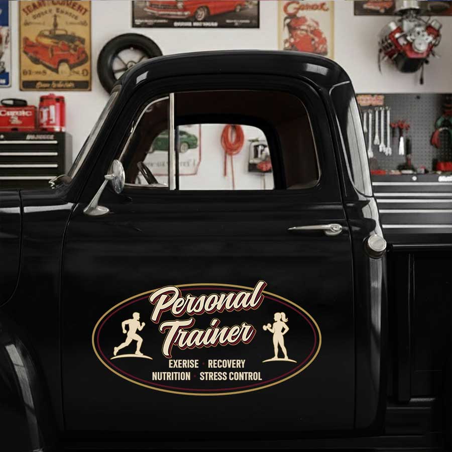 Personalized Runner Silhouette and Weightlifting Silhouette Decal for Truck Door with Vintage Automotive Design sticker 14524