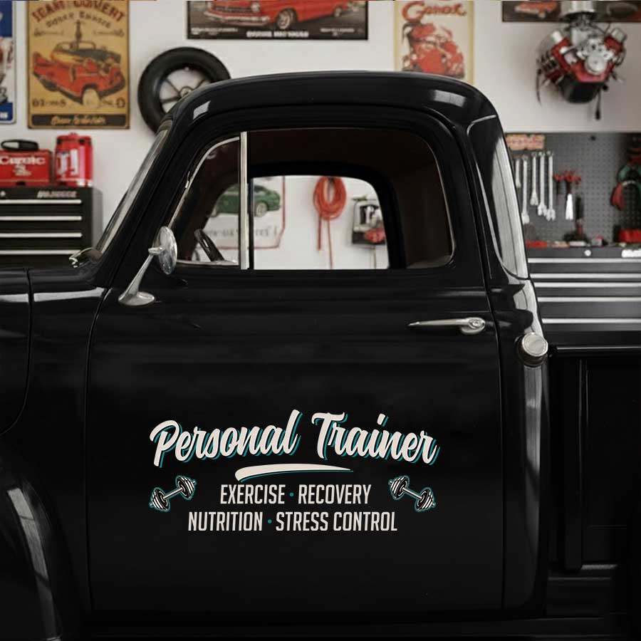 Personalized Dumbbell and Text Decal for Truck Door with Fitness Branding Design sticker 14525