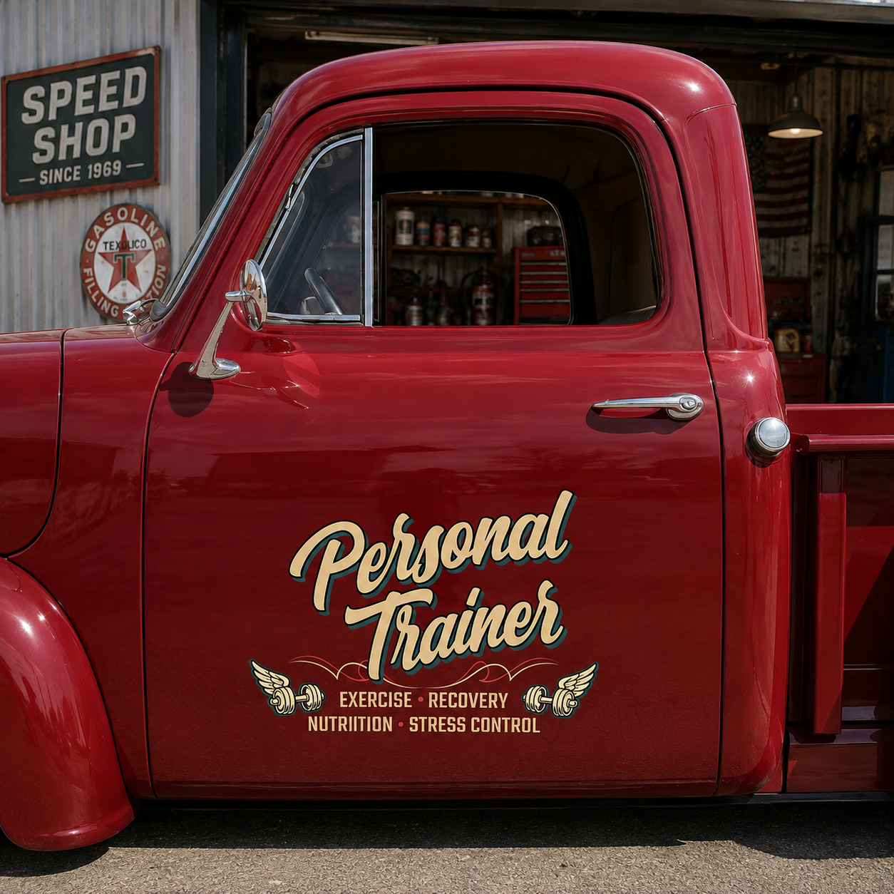 Personalized Dumbbell and Wings Decal for Truck Door with Vintage Automotive Design sticker 14526 - Image 3