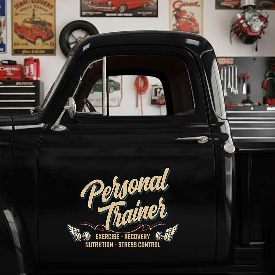 Personalized Dumbbell and Wings Decal for Truck Door with Vintage Automotive Design sticker 14526