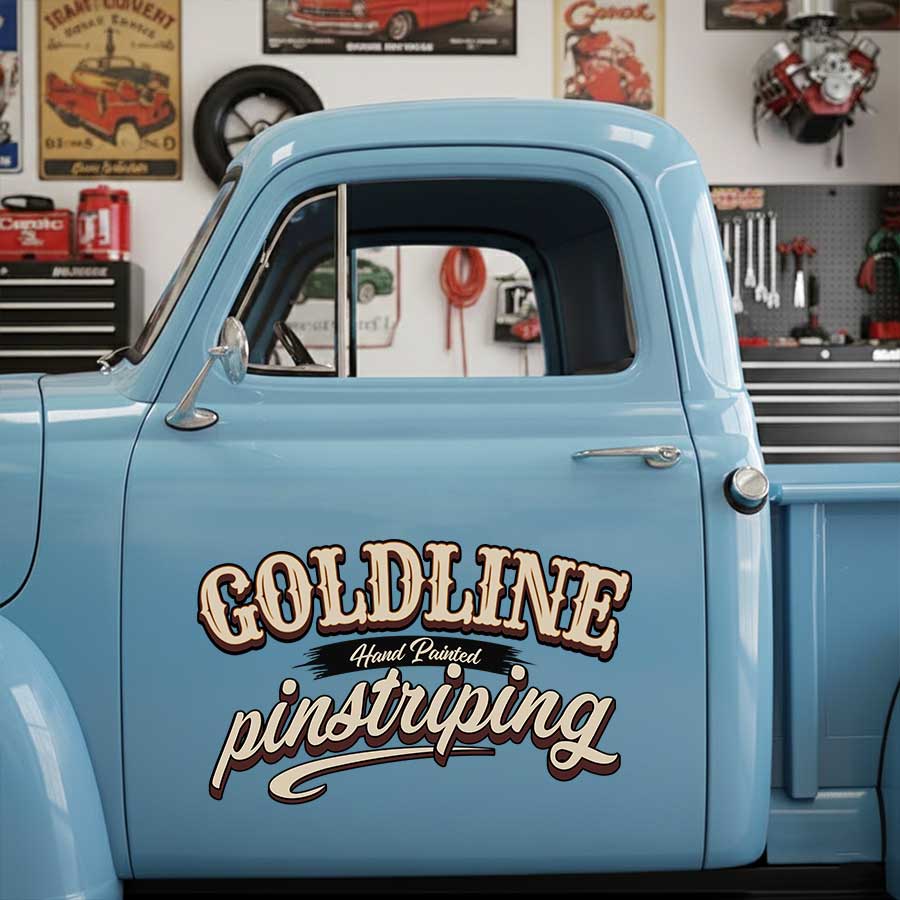 Personalized Text and Pinstriping Decal for Truck Door with Vintage Automotive Design sticker 14527