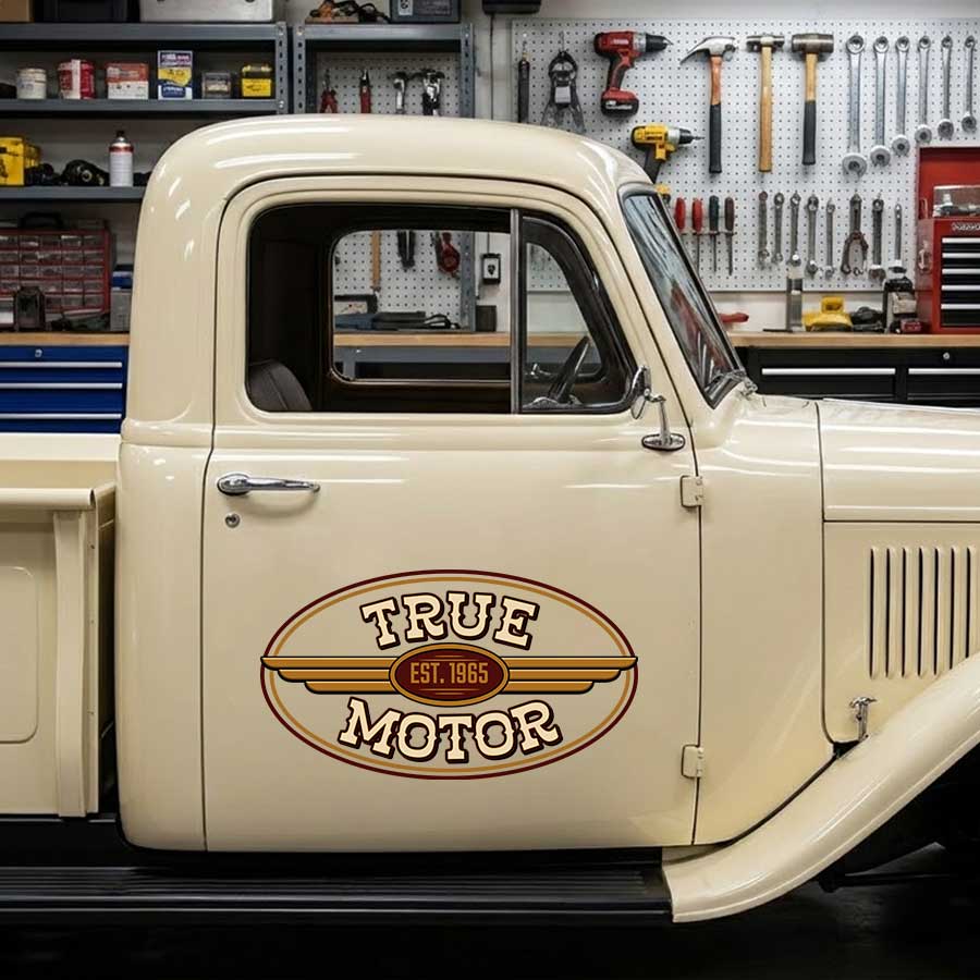 Personalized Wing and Text Decal for Truck Door with Vintage Automotive Design sticker 14530