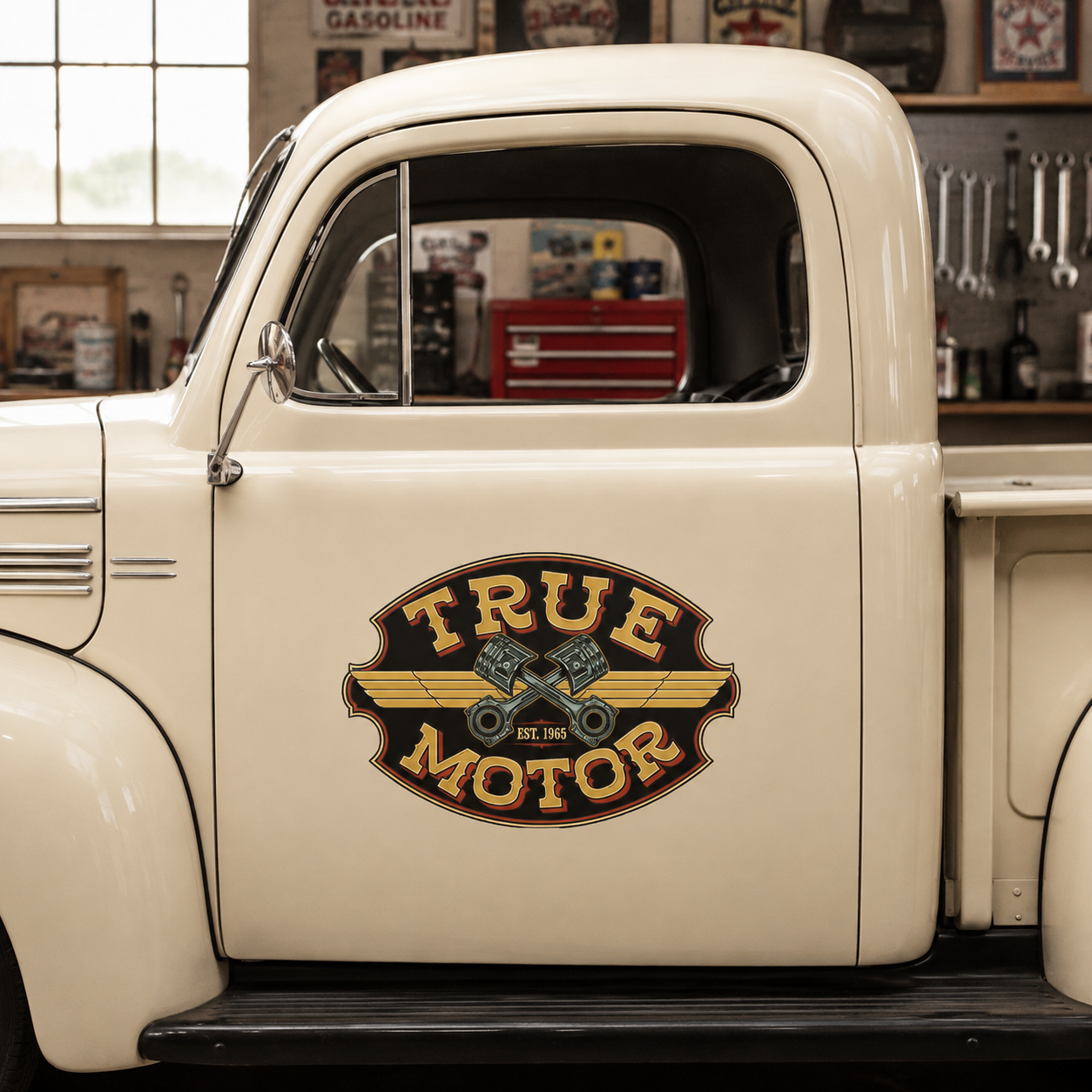 Personalized Crossed Pistons and Wings Decal for Truck Door with Vintage Automotive Design sticker 14532