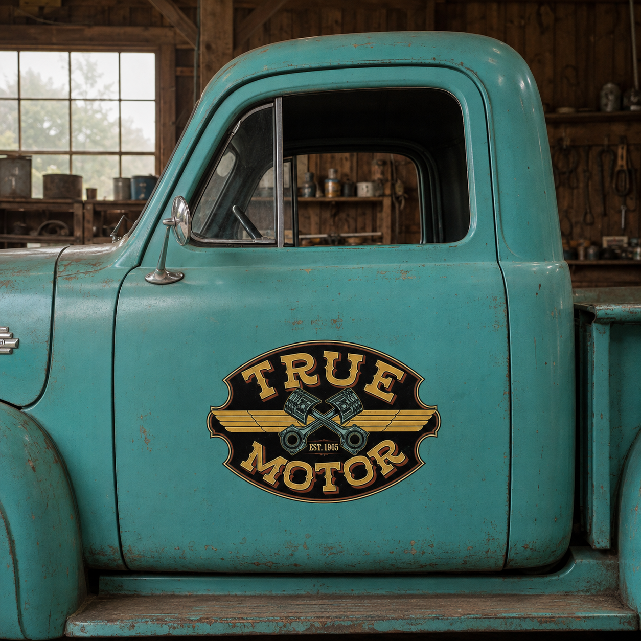 Personalized Crossed Pistons and Wings Decal for Truck Door with Vintage Automotive Design sticker 14532 - Image 2
