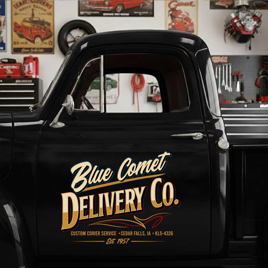 Personalized Stylized Text and Vintage Delivery Theme Decal for Truck Door with Vintage Automotive Design sticker 14535