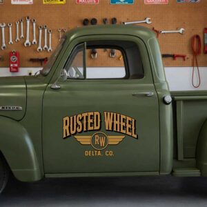 Personalized Winged Text and Vintage Lettering Decal for Truck Door with Vintage Automotive Design sticker 14536