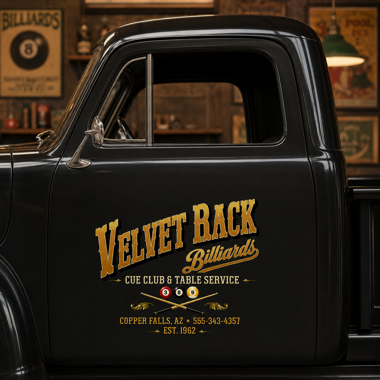 Personalized Billiard Balls and Pool Cues Decal for Truck Door with Vintage Automotive Design sticker 14539 - Image 3