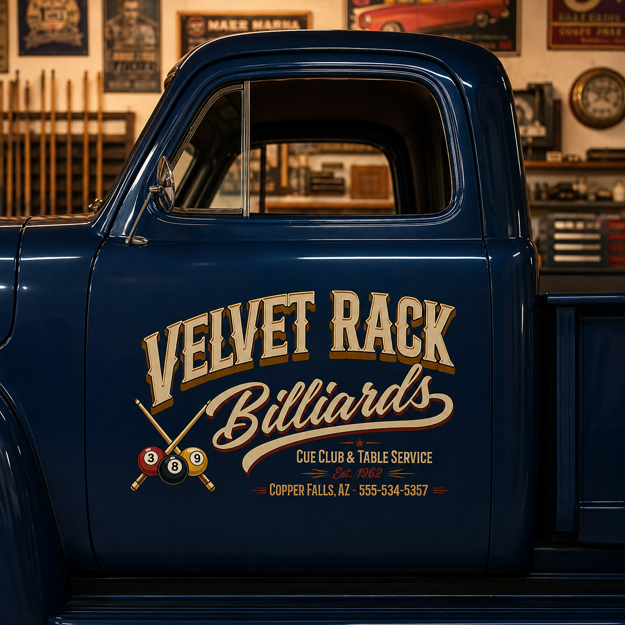 Personalized Billiard Cues and Billiard Balls Decal for Truck Door with Vintage Automotive Design sticker 14541 - Image 2