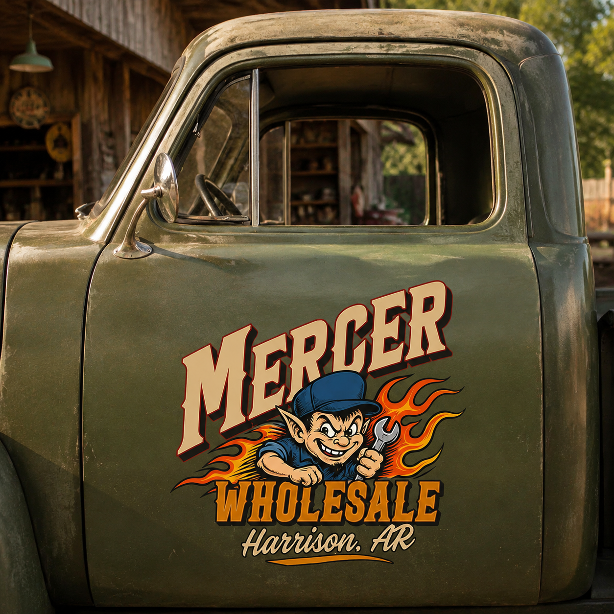 Personalized Wrench and Flames Decal for Truck Door with Vintage Automotive Design sticker 14544 - Image 3