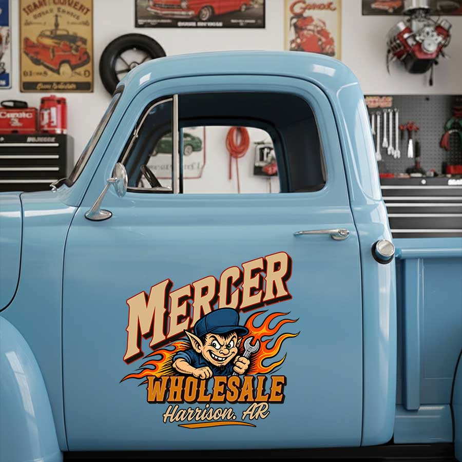 Personalized Wrench and Flames Decal for Truck Door with Vintage Automotive Design sticker 14544