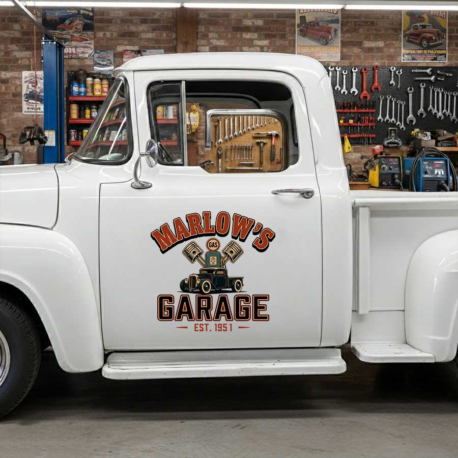Personalized Pistons and Engine Block Decal for Truck Door with Vintage Automotive Design sticker 14546