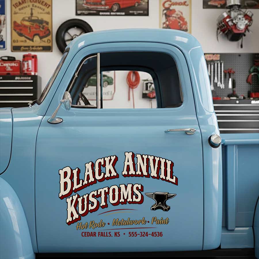 Personalized Anvil and Bold Lettering Decal for Truck Door with Vintage Automotive Design sticker 14547