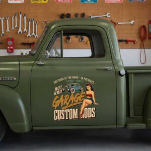 Personalized Vintage Car and Pin-Up Girl Decal for Truck Door with Vintage Automotive Design sticker 14551