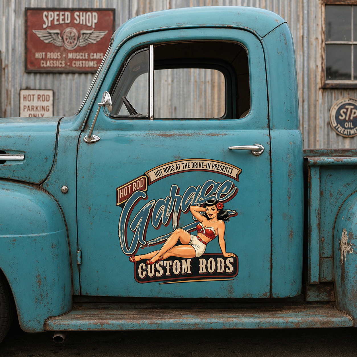 Personalized Pin-Up Girl and Garage Text Decal for Truck Door with Vintage Automotive Design sticker 14552 - Image 2