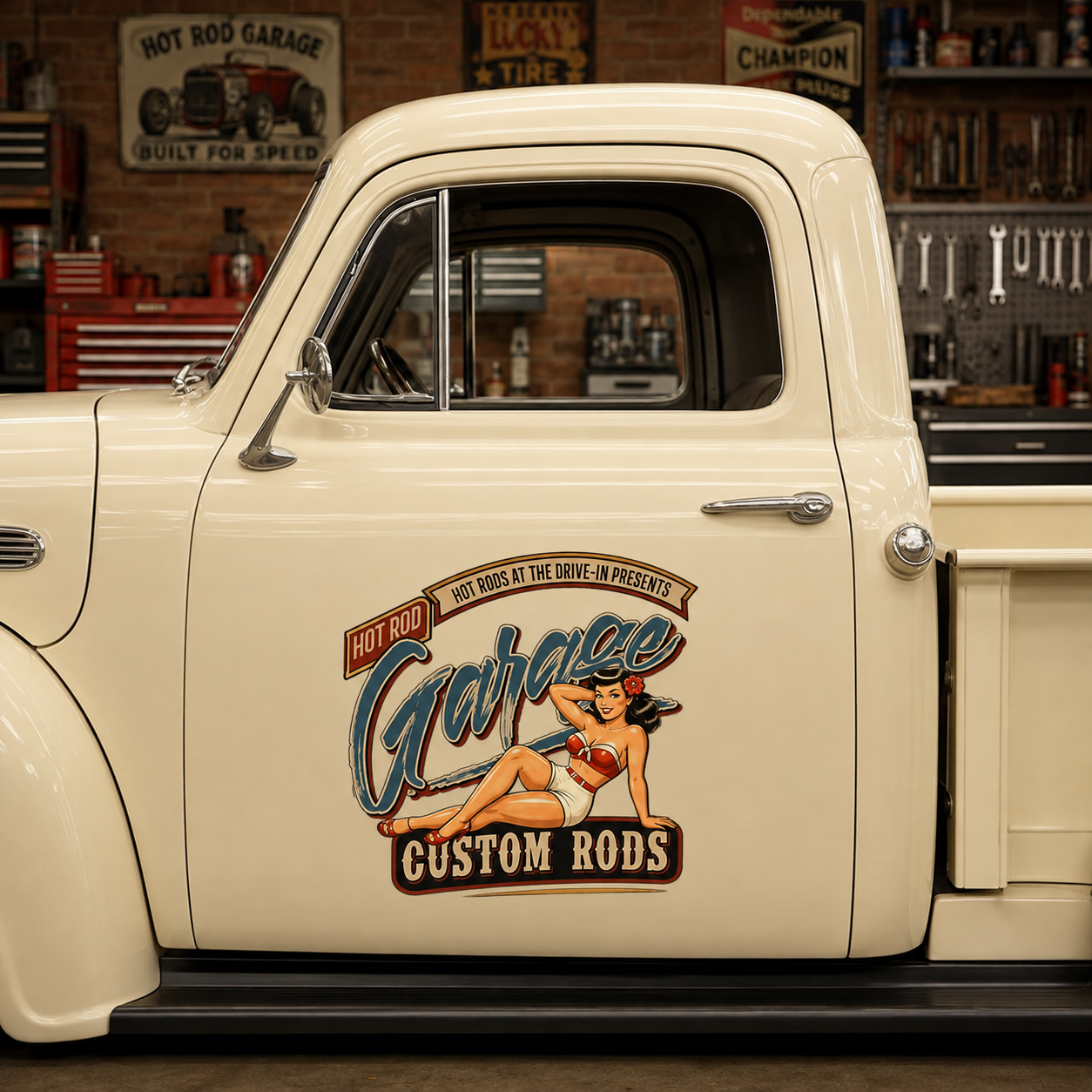 Personalized Pin-Up Girl and Garage Text Decal for Truck Door with Vintage Automotive Design sticker 14552 - Image 3