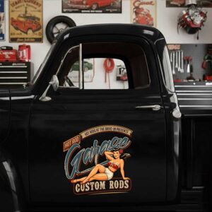 Personalized Pin-Up Girl and Garage Text Decal for Truck Door with Vintage Automotive Design sticker 14552