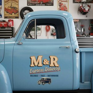 Personalized Vintage Delivery Truck and Bold Lettering Decal for Truck Door with Vintage Automotive Design sticker 14554