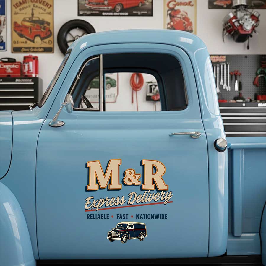Personalized Vintage Delivery Truck and Bold Lettering Decal for Truck Door with Vintage Automotive Design sticker 14554