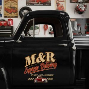Personalized Vintage Car and Checkerboard Pattern Decal for Truck Door with Vintage Automotive Design sticker 14555