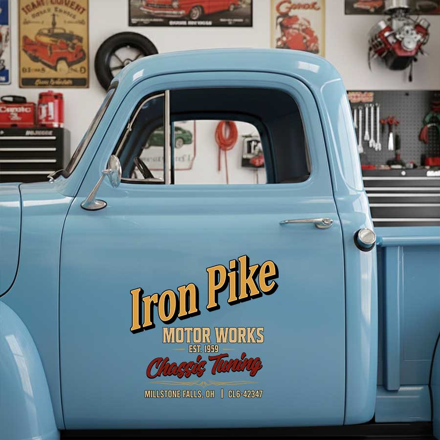 Personalized Text and Vintage Styling Decal for Truck Door with Vintage Automotive Design sticker 14557