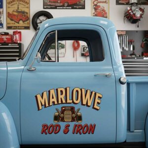 Personalized Hot Rod and Wheels Decal for Truck Door with Vintage Automotive Design sticker 14559