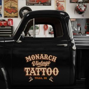 Personalized Vintage Lettering and Swallow Birds Decal for Truck Door with Vintage Automotive Design sticker 14562