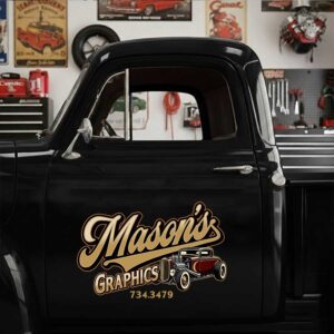 Personalized Hot Rod Car and Vintage Lettering Decal for Truck Door with Vintage Automotive Design sticker 14567